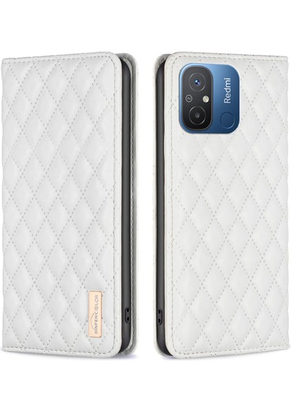 Xiaomi Redmi Için 12C 4g Baskılı Rhombus Pu Deri Kılıf Kartı Tutucu Manyetik Emilim Telefon Kapak-Beyaz (Yurt Dışından)