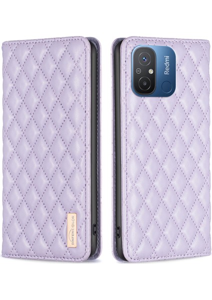 Xiaomi Redmi Için 12C 4g Baskılı Rhombus Pu Deri Kılıf Kart Tutucu Manyetik Emilim Telefon Kapak-Morası (Yurt Dışından)