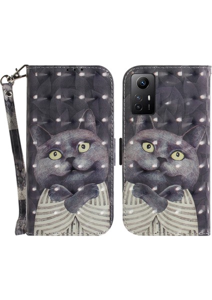 3D Desen Basılı Kılıf Xiaomi Redmi Not 12S 4g Pu Deri Stand Cüzdan Telefon Kapağı Strap-Whating Cat ile (Yurt Dışından)