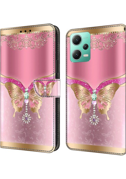 Xiaomi Redmi Için Telefon Kılıfı Not 12 5g (Çin)/(Hindistan)/(Global)/poco X5 5g, Pu Deri 3D Desen Stand Flip Cüzdan Kapak-Pembe/altın Kelebek (Yurt Dışından) fiyatları