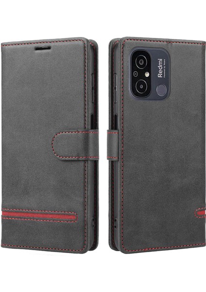 Xiaomi Redmi Için 12C 4G/11A 4g/poco C55 4g Stand Cüzdan Kapağı Yatay Hat Deri Kılıf Black (Yurt Dışından)