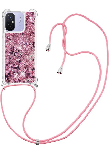 Xiaomi Redmi Için 12C 4G/11A 4g Tpu Kasa Glitter Sıvı Telefon Kapağı Lanyard-Rose Altın/kalpler (Yurt Dışından)