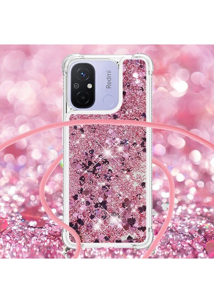 Xiaomi Redmi Için 12C 4G/11A 4g Tpu Kasa Glitter Sıvı Telefon Kapağı Lanyard-Rose Altın/kalpler (Yurt Dışından) modelleri