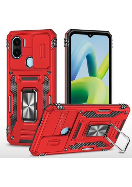 Xiaomi Için Zırh Serisi Poco C50 4g/redmi A1+ 4g/a2+ 4g Slayt Lens Kickstand Kapak Pc+ Tpu Telefon Kılıf Kırmızısı (Yurt Dışından)