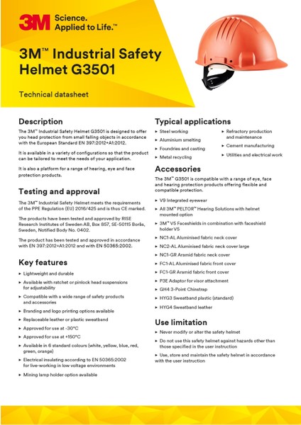 3m™ G3501 Baret 150 °c 'ye Kadar Yüksek Sıcaklığa Dayanıklı - (Beyaz) modelleri