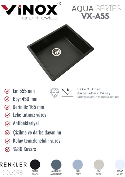 I I Granit Eviye Antrasit Tek Göz Tezgah Altı Mutfak Evyesi 55X45CM (VX-A55)