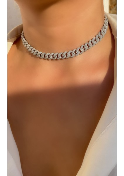 Beyaz Altın Kaplama Arkadan Asansörlü Gurmet Model Choker Kolye