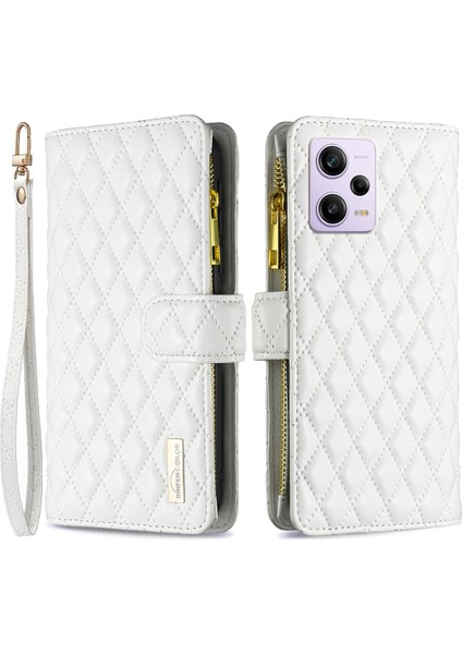 Xiaomi Redmi Için Note 12 Pro 5g/note 12 Pro Speed ​​5g/poco X5 Pro 5g Pu Deri Kılıf Stand Strap-White ile Fermuar Cep Telefonu Kapağı (Yurt Dışından)