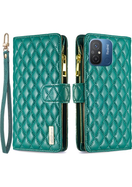 Xiaomi Redmi Için 12C 4g Pu Deri Cüzdan Kılıfı Stand Fermuarı Cep Telefonu Kayış Yeşili ile Anti Damla Kapak (Yurt Dışından)