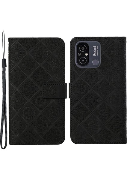 Xiaomi Redmi Için 12C 4g Baskılı Çiçek Telefon Kapağı Cüzdan Deri Koruyucu Telefon Kılıfı Stand-Black (Yurt Dışından)