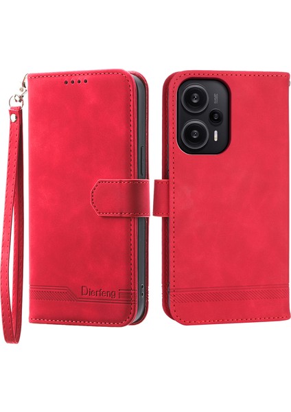 Dierfeng Df-03 Xiaomi Redmi Note 12 Turbo/poco F5 5g Deri Cüzdan Mobil Kasa Çizgileri Basılmış Stant Kapak Kırmızısı (Yurt Dışından)
