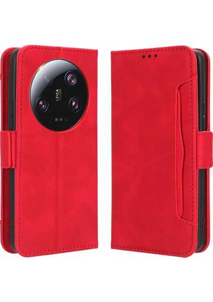 Xiaomi Için 13 Ultra Telefon Cüzdan Kılıfı Pu Pu Çok Kart Yuvaları Stand Telefon Kapak-Kırmızı (Yurt Dışından)