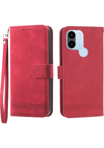 Dierfeng Df-03 Xiaomi Redmi A1+ 4g/a2+ 4g/poco C50 4g Deri Telefon Kılıf Hatları Cüzdan Stand-Red ile Baskılı Telefon Kapağı (Yurt Dışından)