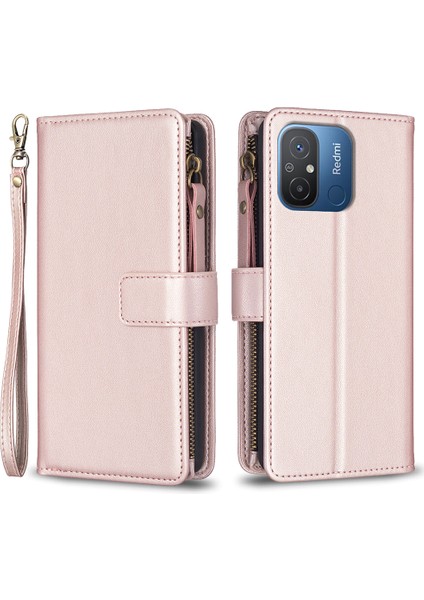 Xiaomi Redmi Için BF19 12C 4g Pu Deri Deri Cüzdan Fermuarlı Telefon Kılıfı Stand Telefon Kapak Çizgi Altın (Yurt Dışından)