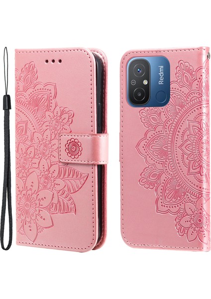 Xiaomi Redmi Için 12C 4G/11A 4g Telefon Kapağı Çiçek Baskı Deri Stand Cüzdan Kılıfı Strap-Pink ile (Yurt Dışından)