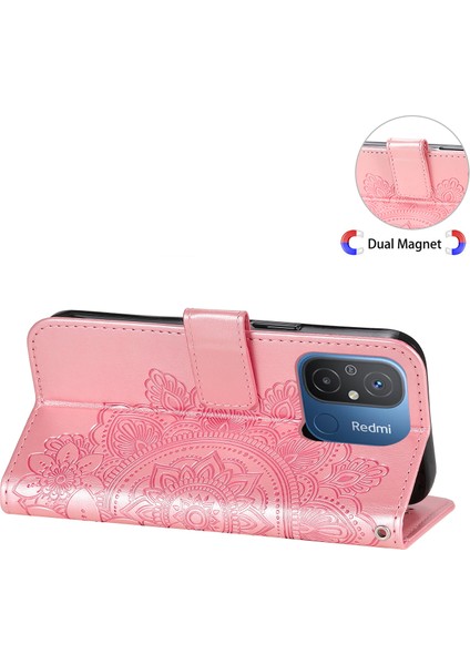 Xiaomi Redmi Için 12C 4G/11A 4g Telefon Kapağı Çiçek Baskı Deri Stand Cüzdan Kılıfı Strap-Pink ile (Yurt Dışından)