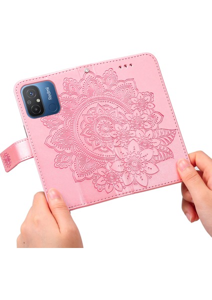 Xiaomi Redmi Için 12C 4G/11A 4g Telefon Kapağı Çiçek Baskı Deri Stand Cüzdan Kılıfı Strap-Pink ile (Yurt Dışından)