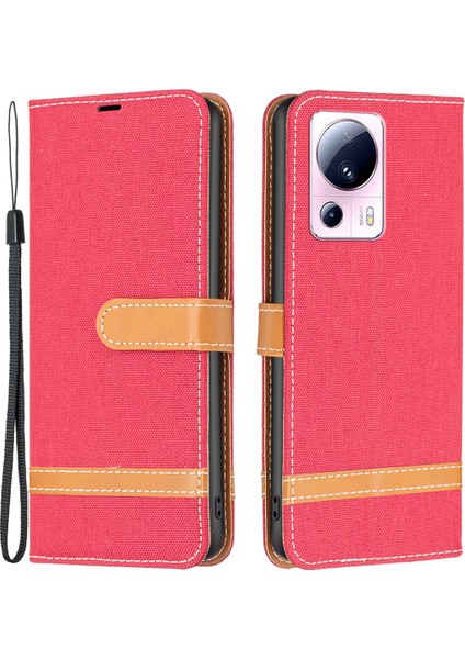 Xiaomi Için 13 Lite/civi 2 5g Kot Boya Bez Ekleme Pu Deri Cüzdan Kapağı Kapak Önleme Karşıtı Flip Standı Telefon Kasa-Kırmızısı (Yurt Dışından)