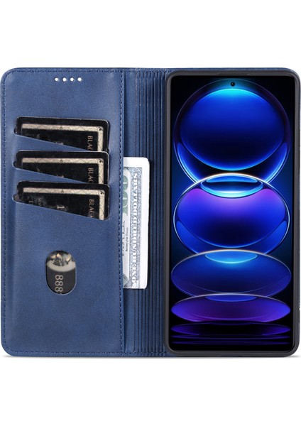 Xiaomi Redmi Için Note 12 Pro Speed ​​5g/poco X5 Pro 5g/not 12 Pro 5g Cowhide Doku Şok Geçirmez Telefon Standı Pu Deri Manyetik Oto Absorbed Folio Flip Cüzdan Kapak Mavisi (Yurt Dışından)