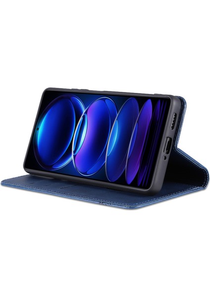 Xiaomi Redmi Için Note 12 Pro Speed ​​5g/poco X5 Pro 5g/not 12 Pro 5g Cowhide Doku Şok Geçirmez Telefon Standı Pu Deri Manyetik Oto Absorbed Folio Flip Cüzdan Kapak Mavisi (Yurt Dışından)