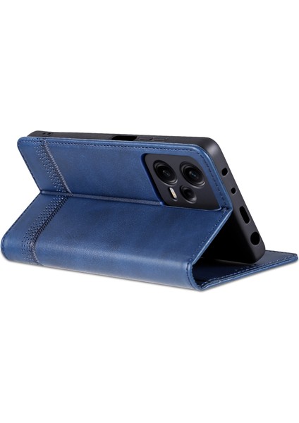 Xiaomi Redmi Için Note 12 Pro Speed ​​5g/poco X5 Pro 5g/not 12 Pro 5g Cowhide Doku Şok Geçirmez Telefon Standı Pu Deri Manyetik Oto Absorbed Folio Flip Cüzdan Kapak Mavisi (Yurt Dışından)