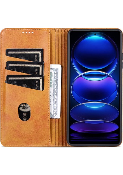 Xiaomi Redmi Için Note 12 Pro Speed ​​5g/poco X5 Pro 5g/not 12 Pro 5g Cowhide Doku Şok Geçirmez Telefon Standı Pu Deri Manyetik Oto Absorbed Folio Flip Cüzdan Kapak Kahverengi (Yurt Dışından)