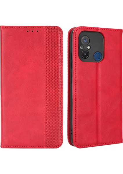 Xiaomi Redmi Için 12C 4G/11A 4g/poco C55 4g Fingerprint Retro Doku Telefon Kılıfı Deri Stand Cüzdan Telefon Koruyucu-Kırmızı (Yurt Dışından)
