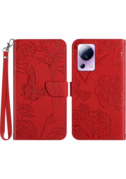 Xiaomi Için HT03 13 Lite/civi 2 5g Baskılı Kelebek Çiçekleri Cilt Dostu Şok Geçirmez Telefon Kapak Standı El Strap-Red ile (Yurt Dışından) fiyatları