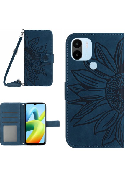 Xiaomi Için Redmi A1+ 4g/a2+ 4g/poco C50 4g HT04 Ayçiçeği Baskılı Pu Deri Stand Kılıf Cilt Touch Manyetik Toka Telefon Damla Geçirmez Cüzdan Kapağı Omuz Askısı-Orta Gece Mavisi (Yurt Dışından)