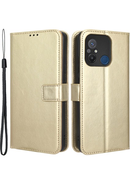 Xiaomi Redmi Için 12C 4G/11A 4g/poco C55 4g Çılgın At Doku Doku Standı Pu Deri Flip Telefon Kapağı Strap-Gold ile (Yurt Dışından)