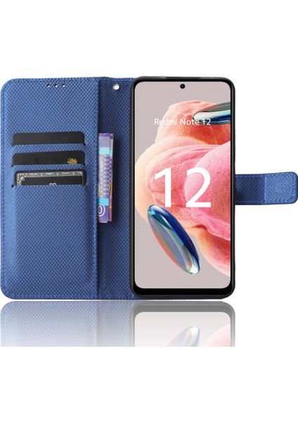 Xiaomi Için Redmi Not 12 4g Cep Telefon Kılıfı Pu Deri Elmas Doku Cüzdan Stand Kapak-Mavi (Yurt Dışından)