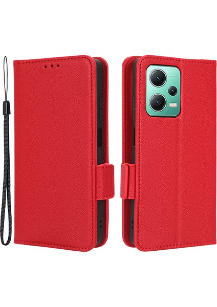 Xiaomi Redmi Için Note 12 5g (Global)/(Hindistan)/(Çin)/poco X5 5g Litchi Doku Pu Deri Flip Telefon Kılıfı Şok Geçirmez Manyetik Görünüm Stand Cüzdan Kapağı Strap-Red ile (Yurt Dışından)