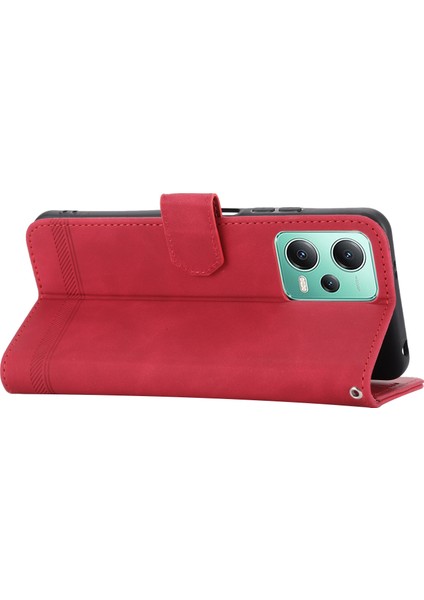 Dierfeng Df-03 Xiaomi Poco X5 5g/redmı Için Telefon Kılıfı Not 12 5g (Global)/(Hindistan)/(Çin) Hatlar Baskılı Katlanır Stand Deri Cüzdan-Kırmızı (Yurt Dışından)