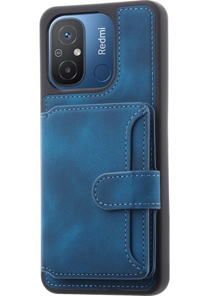 Xiaomi Redmi Için 12C 4g Deri Kaplamalı Tpu Kickstand Telefon Kılıfı Rfıd Engelleme Cüzdan Anti-Drop Kapak Navy Mavi (Yurt Dışından)