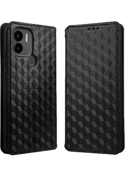 Xiaomi Için Anti-Fall Cep Telefonu Kapağı Redmi A1+ 4g/a2+ 4g/poco C50 4g Rhombus Desen Baskılı Pu Deri Flip Folio Telefon Kılıfı Cüzdan Stand-Black (Yurt Dışından)