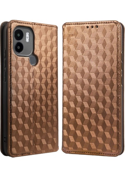 Xiaomi Için Anti-Fall Cep Telefonu Kapağı Redmi A1+ 4g/a2+ 4g/poco C50 4g Rhombus Desen Basılı Pu Deri Foli Folio Telefon Kılıf Cüzdan Stand-Brown (Yurt Dışından)