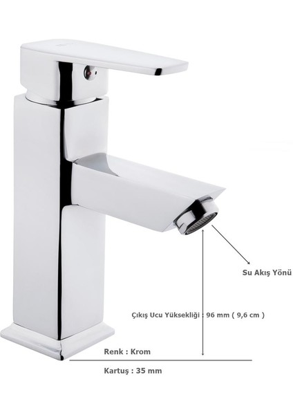 Tema Kare Slim Tek Gövde Sabit Lavabo Bataryası Musluk Krom