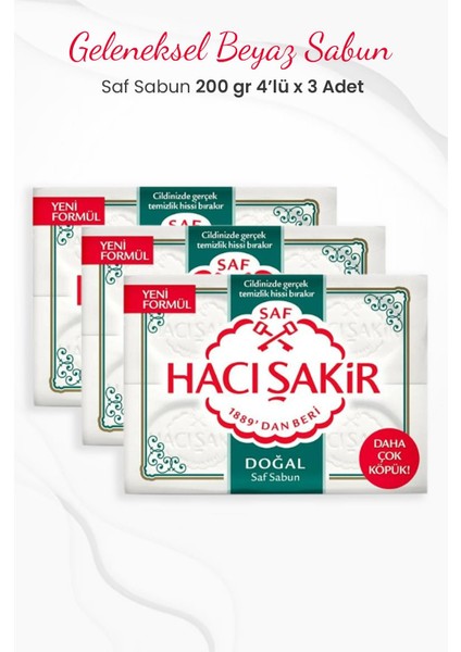 Hacı Şakir Doğal Saf Geleneksel Beyaz Sabun 4 x 200 gr x 3 Adet