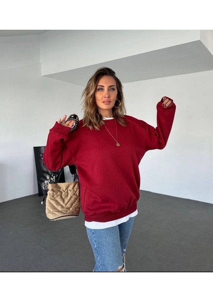 Koyu Kırmızı Basic Bisiklet Yaka Sweatshirt