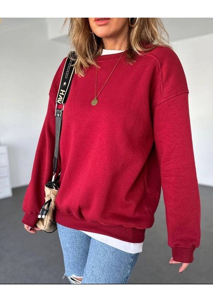 Koyu Kırmızı Basic Bisiklet Yaka Sweatshirt