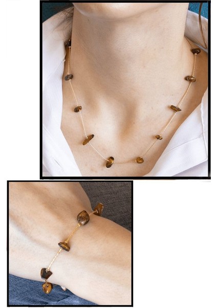 Sertifikalı Kaplan Gözü Taşlı Doğal Taş Kolye Bileklik Seti