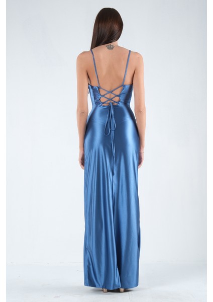 Indigo Sırtı Bağlamalı Yırtmaçlı Abiye 4522018.98 indirimleri