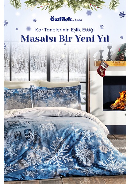 Snowflake Mavi Çift Kişilik Nevresim Takımı 4 Yastıklı Yılbaşı Nevresim New Year