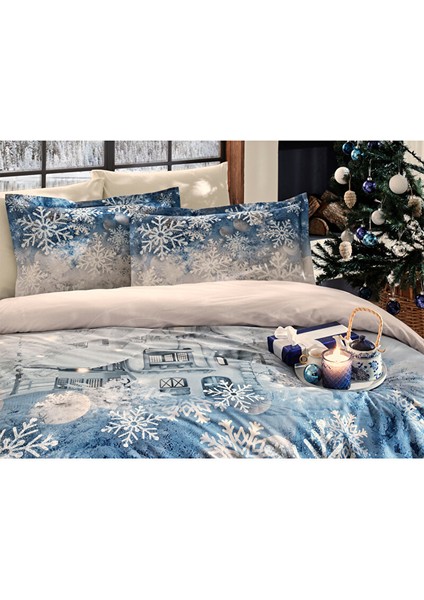 Snowflake Mavi Çift Kişilik Nevresim Takımı 4 Yastıklı Yılbaşı Nevresim New Year