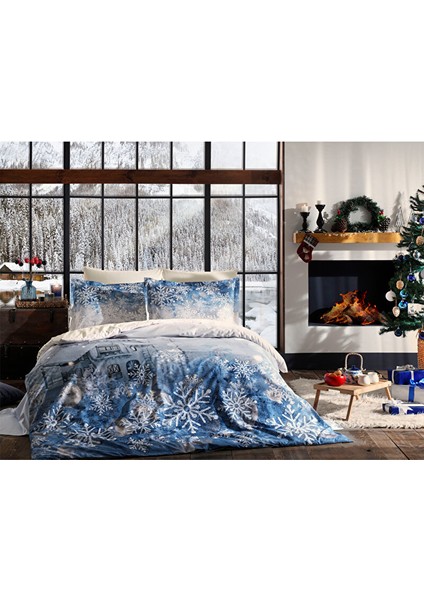 Snowflake Mavi Çift Kişilik Nevresim Takımı 4 Yastıklı Yılbaşı Nevresim New Year