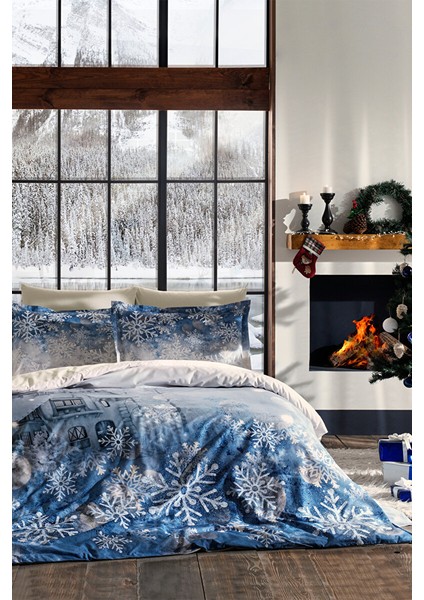 Snowflake Mavi Çift Kişilik Nevresim Takımı 4 Yastıklı Yılbaşı Nevresim New Year