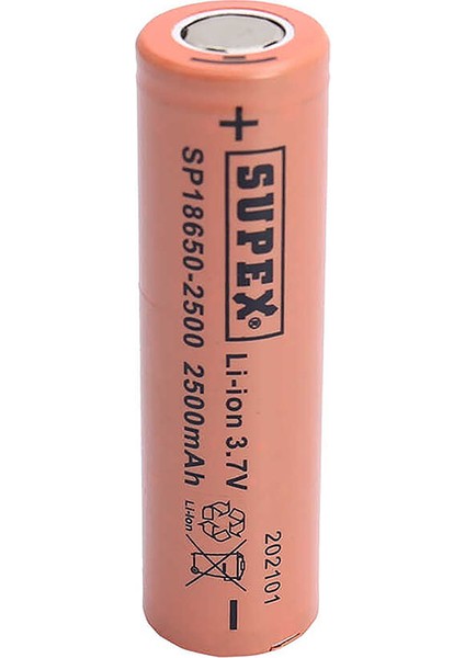 Supex 18650-2500 3.7V 2500 Mah Düz Kafa Li-Ion Pil Şarjlı Pil