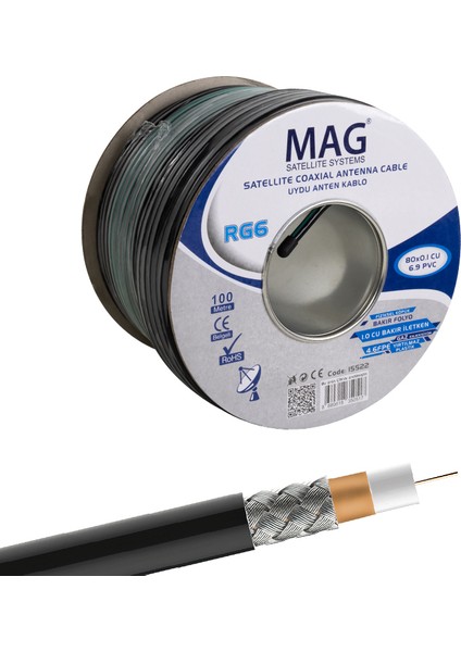 Mag Rg6 U6 Bakır Cu Cu 80 Tel Yeşil Anten Kablosu 100 Metre Hd Uydu Kablosu Lnb Kablo