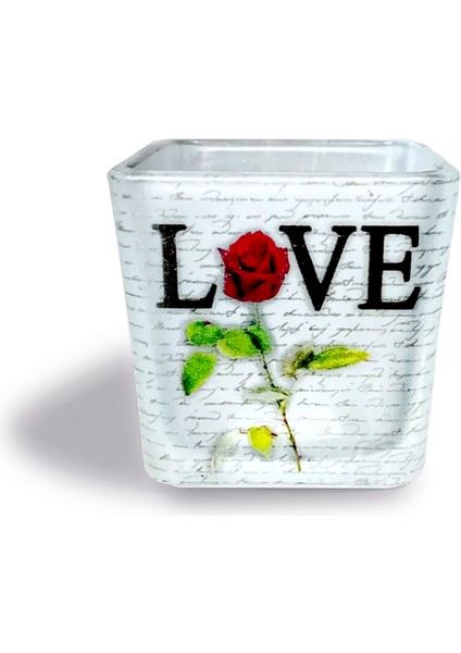 DEKORATİF BUZLU CAM MUMLUK LOVE DESEN 8X8 CM (2 Adet)