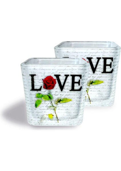 DEKORATİF BUZLU CAM MUMLUK LOVE DESEN 8X8 CM (2 Adet)